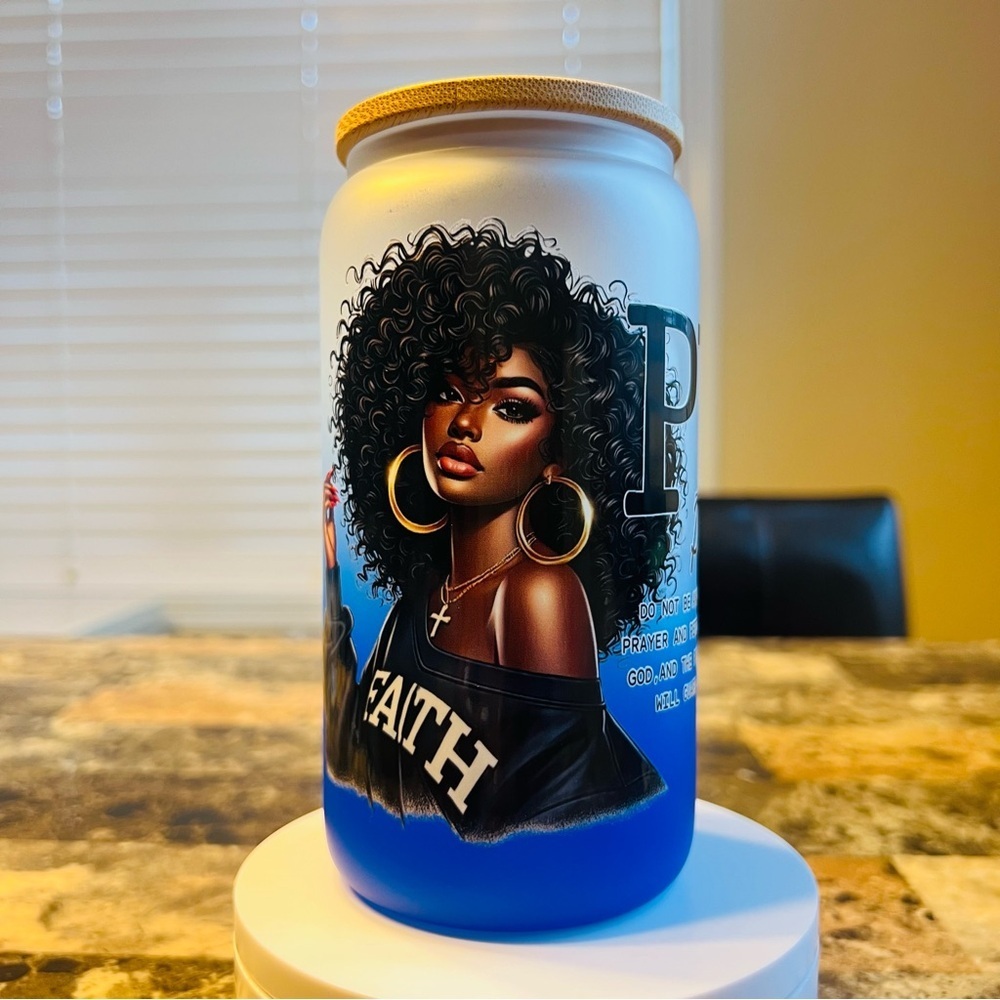 Decorative Blue Ombre 16 oz Glass Tumbler with Afrocentric Artwork